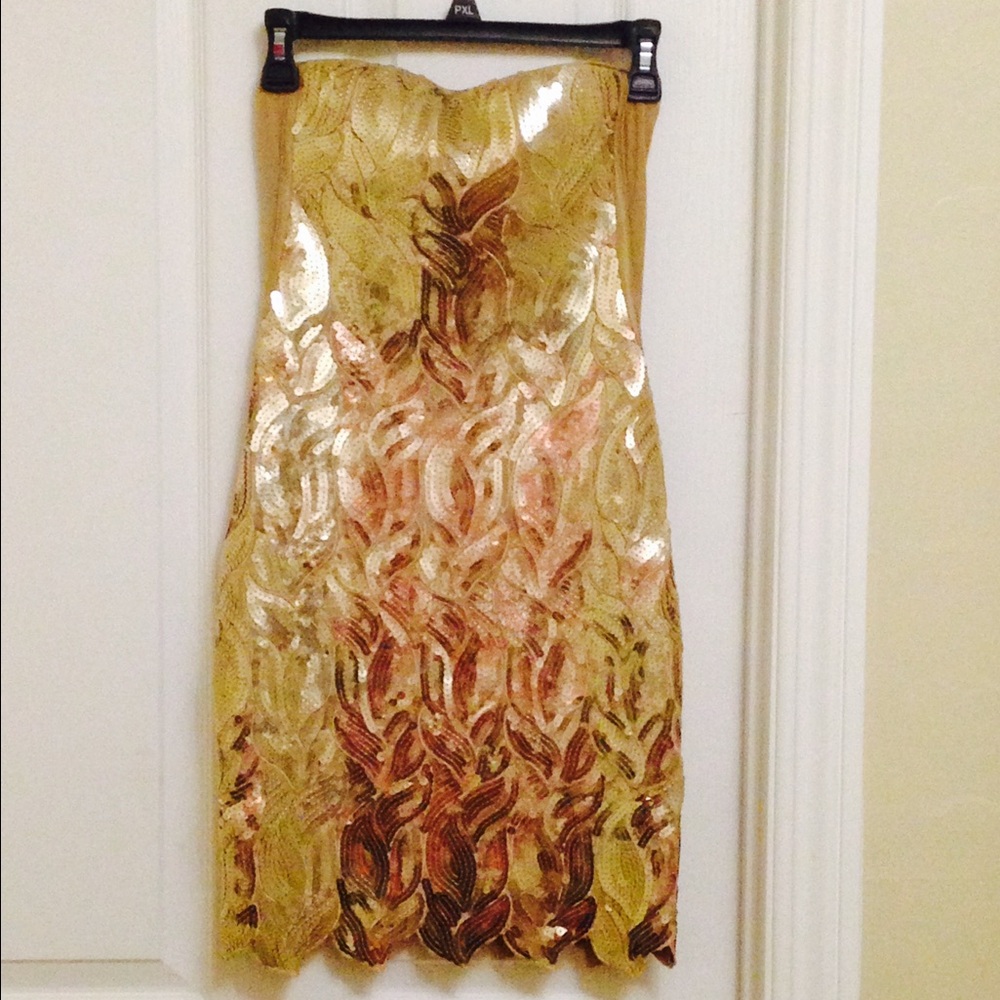 bebe Gold and Rose Gold Sequin Strapless Cocktail Dress
